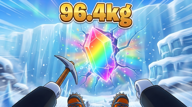 First-person mining of a rainbow crystal labeled 96.4 kg